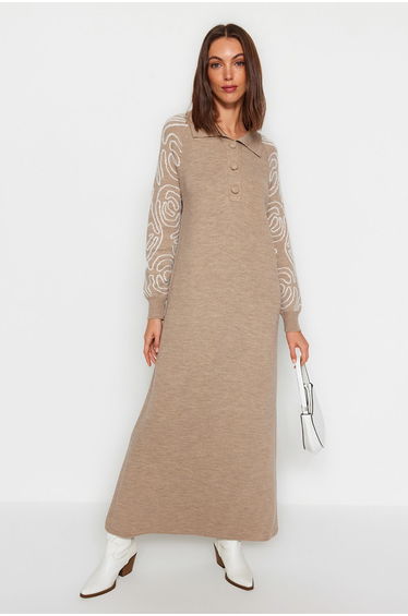 Mink Polo Neck Sleeves Patterned Sweater Dress