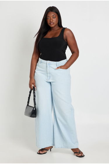 Plus Double Layer Slinky Square Neck Crop Top - black
