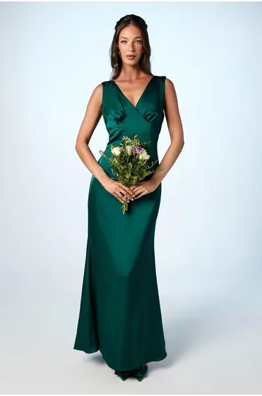 فستان ساتان بفيونكة خلفية بياقة V