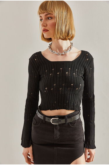 Women's Square Collar Long Sleeve Thin Openwork Blouse