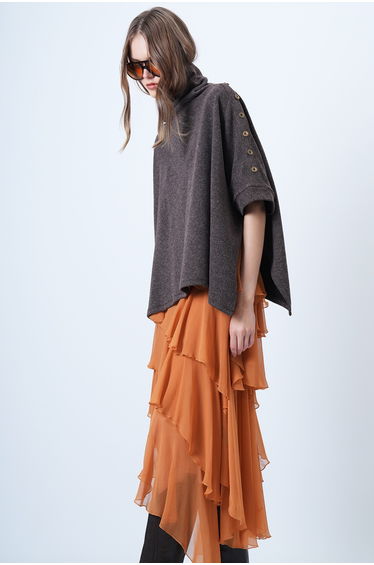 Women's brown turtleneck button detailed oversize knitwear poncho