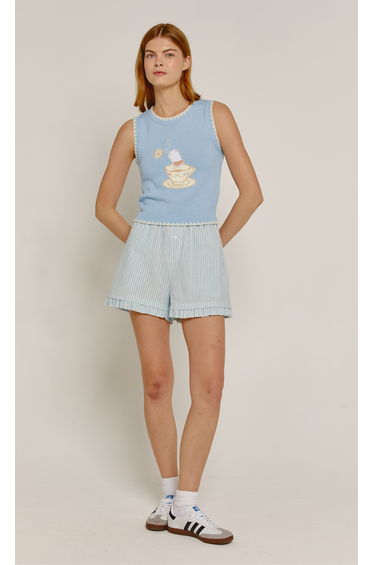 Blue Teacup Embroidered Knit Tank Top