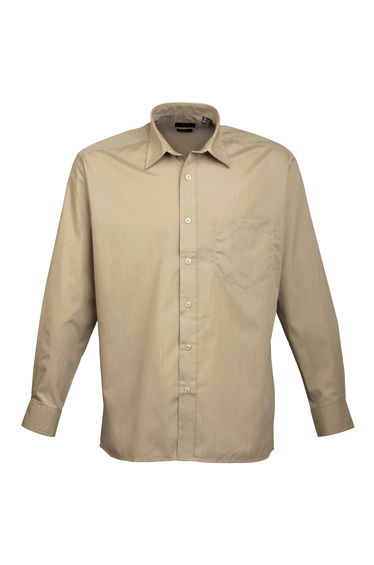 Premier Mens Long Sleeve Formal Plain Work Poplin Shirt - Khaki
