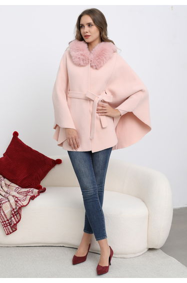 Faux-Fur Collar Tie-Waist Bowknot Hooded Knit Cape Coat in Pink
