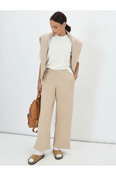 Beige Straight Fit Fleece Trackpants