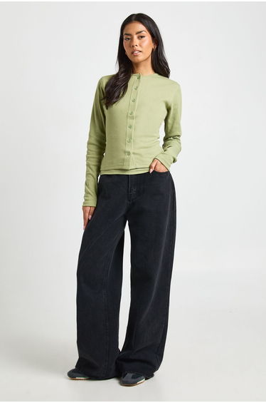 Ribbed Double Layer Button Through Top - olive