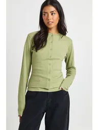 Ribbed Double Layer Button Through Top - olive - 1