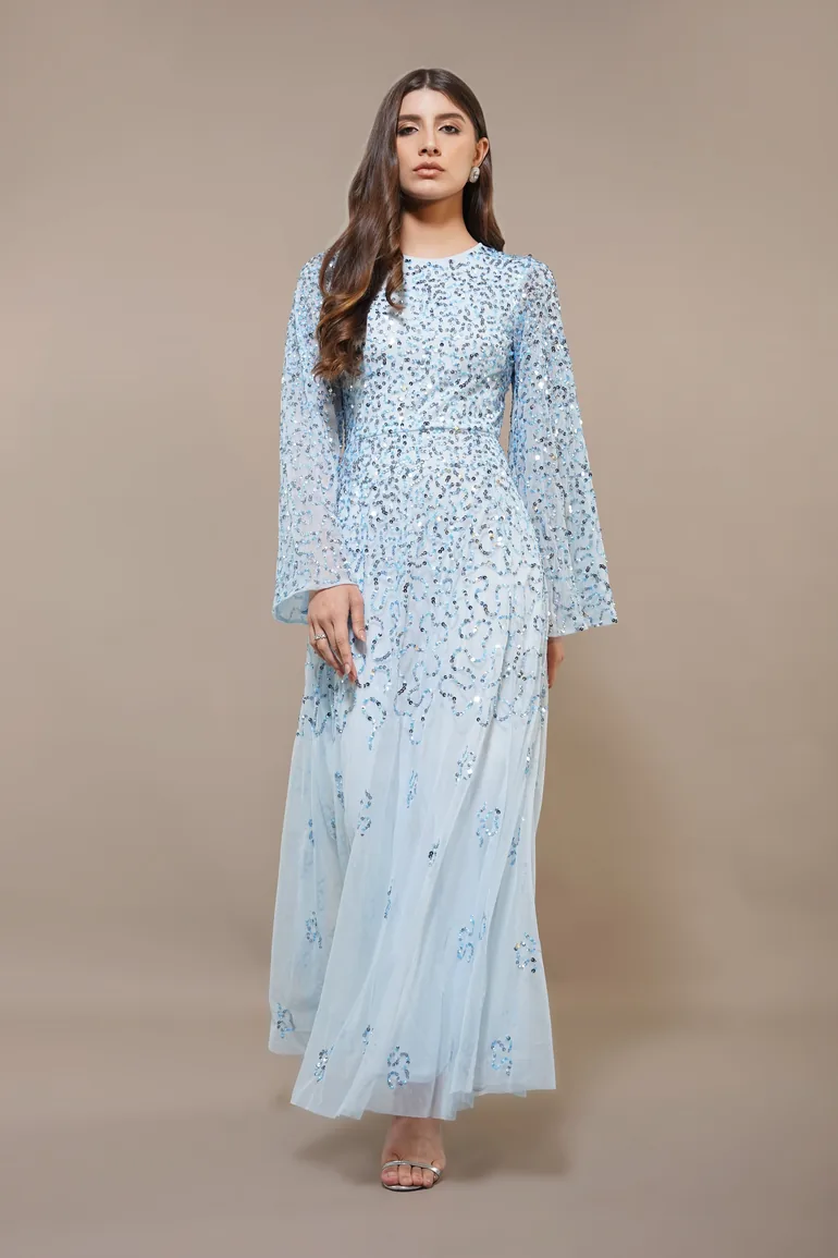 embellished long sleeve maxi dress in blue Long Sleeve Crystal Embellished Maxi Dress Blue