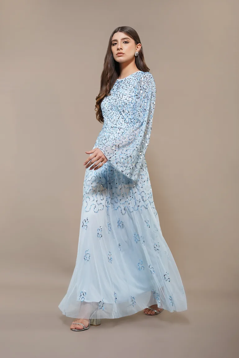 long sleeve embellished maxi dress Megan Sequin formal receptions Long Sleeve Crystal Detail Sequin