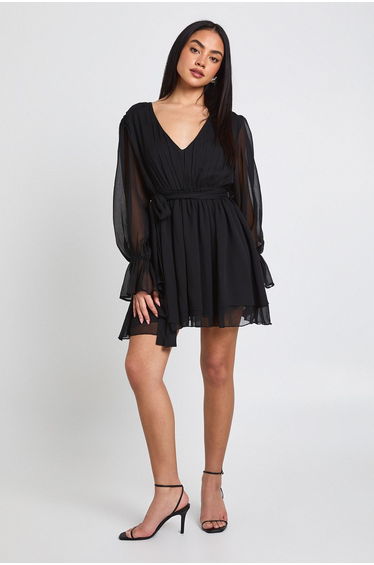 Chiffon Volume Sleeve Tie Waist Mini Dress - black