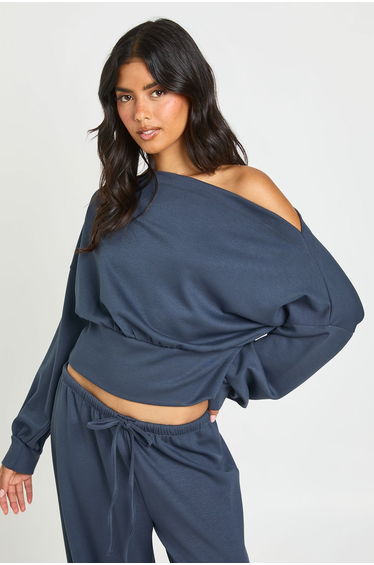 Soft Touch Off Shoulder Sweatshirt - slate