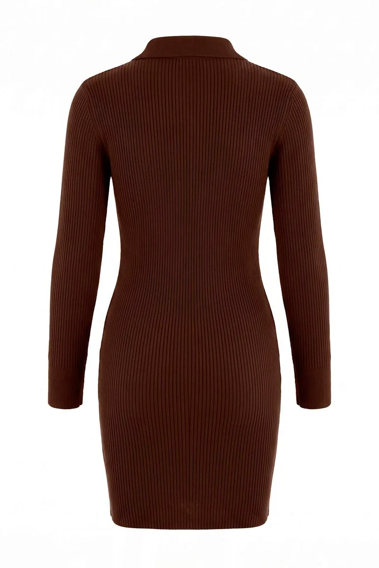Brown Plain Short / Mini Polo Neck Fitted/Body-Hugging A-Line Knitwear Dress - 7