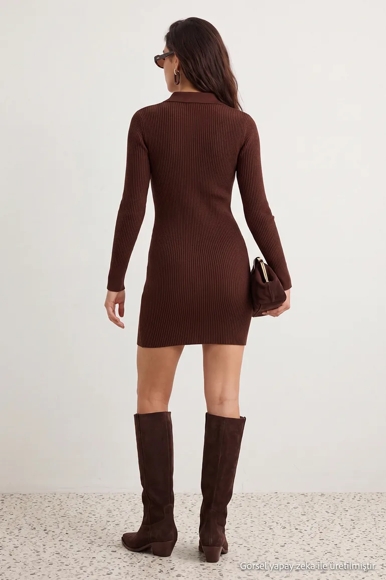 Brown Plain Short / Mini Polo Neck Fitted/Body-Hugging A-Line Knitwear Dress - 4