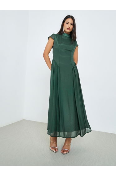 Green Short Sleeves Pleated A-Line Maxi Dress