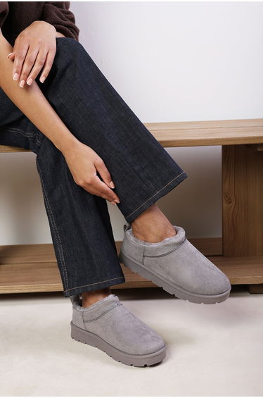 Avara Cosy Grey Fur Lined Suede Micro Ankle Mules