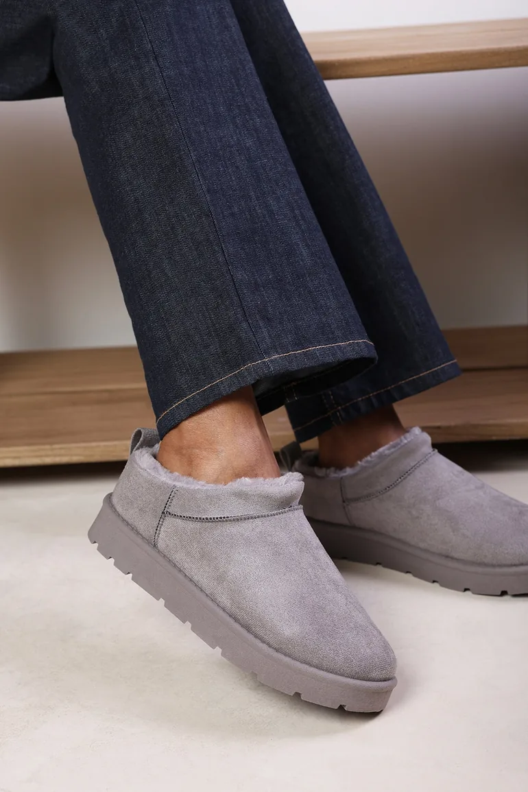 Avara Cosy Grey Fur Lined Suede Micro Ankle Mules - 1