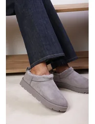 Avara Cosy Grey Fur Lined Suede Micro Ankle Mules - 1