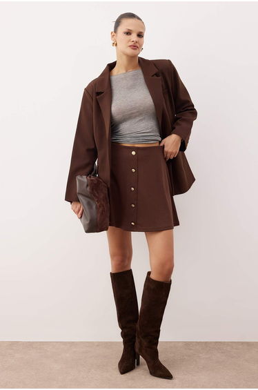 Brown buttoned mini bell/a-line knit skirt