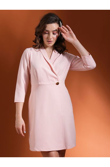 Women Pink Solid Overlap Shawl Lapel Solid Blazer Mini Dress