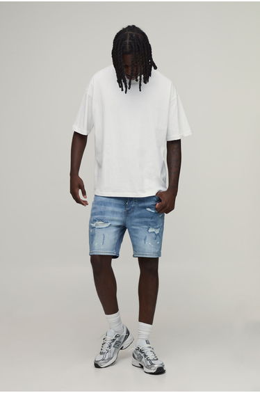 Skinny Stretch Bleached Ripped Denim Shorts - ice blue