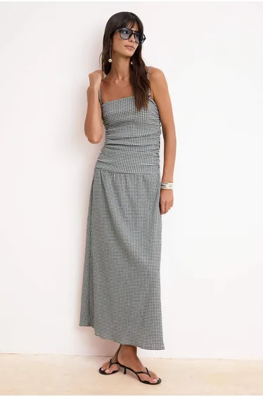 Black Plaid A-Line/A Bell Form Strapless Sleeveless Shirred Maxi Textured Knitted Dress