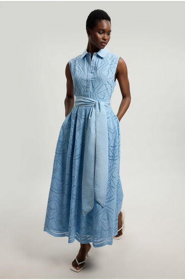 Cotton Broderie Scalloped Hem Sleeveless Shirt Dress