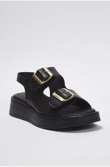 صندل نسائي ببكلة مزدوجة بنعل سميك لون أسود 