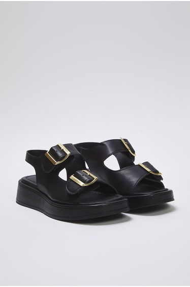 Black Double Buckle Women's Chunky Sole Sandals