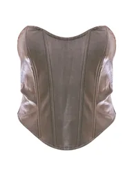 Charcoal Washed Faux Leather Boned Seam Detail Bandeau Corset - 4