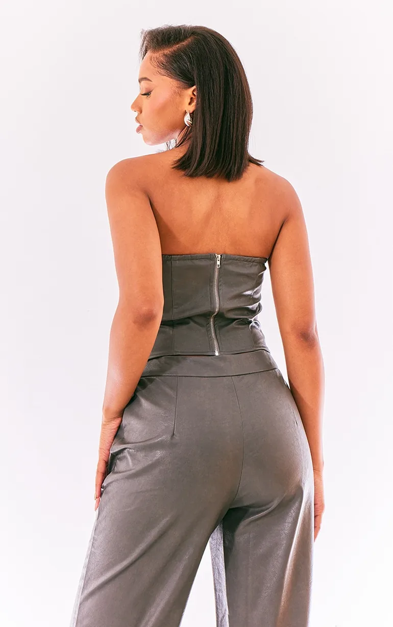 Charcoal Washed Faux Leather Boned Seam Detail Bandeau Corset - 1