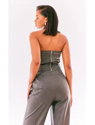 Charcoal Washed Faux Leather Boned Seam Detail Bandeau Corset - 1
