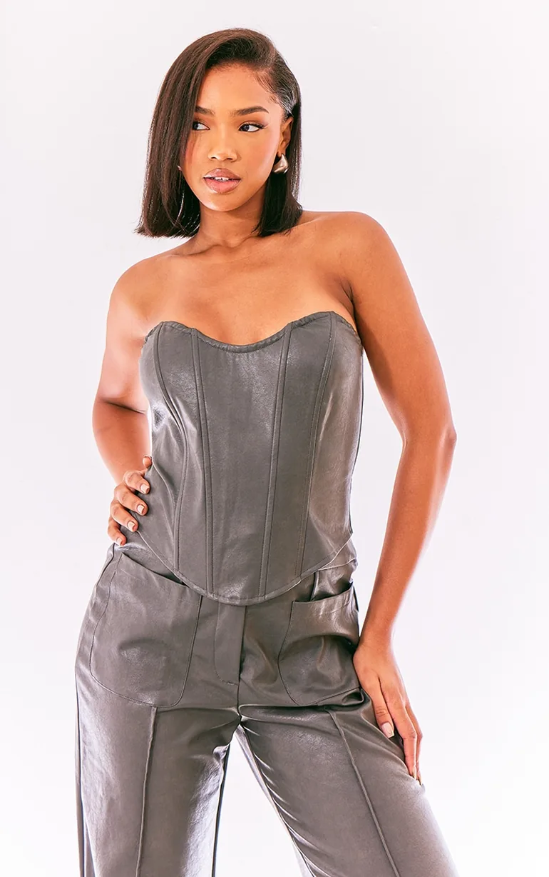 Charcoal Washed Faux Leather Boned Seam Detail Bandeau Corset
