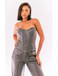Charcoal Washed Faux Leather Boned Seam Detail Bandeau Corset