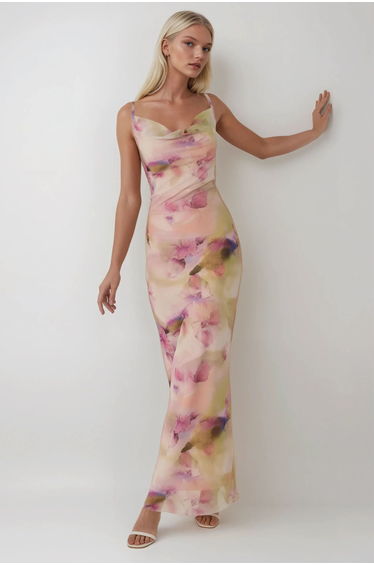 Printed Bodycon Maxi Tulle Dress