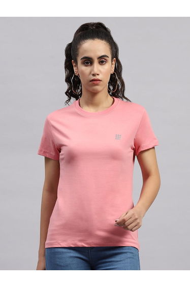 Women Pink Solid Round Neck Short Sleeve Top