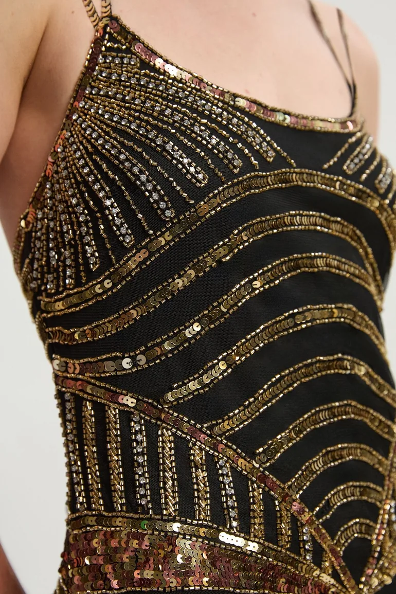 Petite Premium Mirrored Crystal Embellished Woven Prom Dress - 2