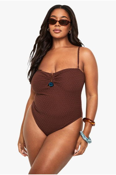 Plus Crinkle Gem Trim Bandeau Swimsuit - chocolate