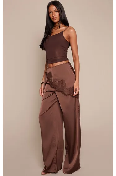 Tall Chocolate Satin Scarf Wide Leg Trousers