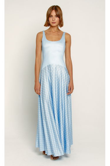 Baby Blue Polka Dot Curve Waist Maxi Dress