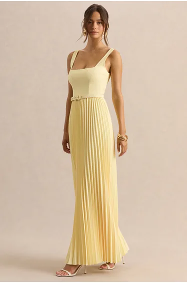 Danika | Lemon Square-Neck Belted Maxi Dress With Pleated Skirt