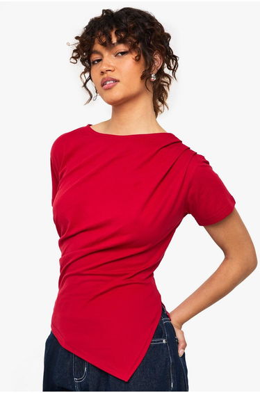 Asymmetric Hem Cinched Waist T-shirt