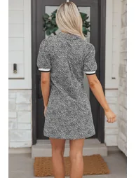 Lvness Black Leopard Print Contrast Striped Trim Polo Collar Short Sleeve Dress with Pockets - 3