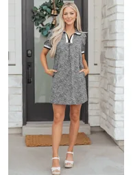 Lvness Black Leopard Print Contrast Striped Trim Polo Collar Short Sleeve Dress with Pockets