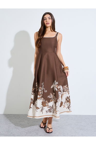 Brown Floral A-Line Maxi Dress