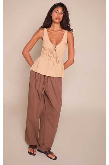 Camel Cotton Ruched Detail Plunge Cami Top