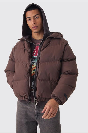 Man Regular Fit Hooded Puffer Jacket In Brown - brown