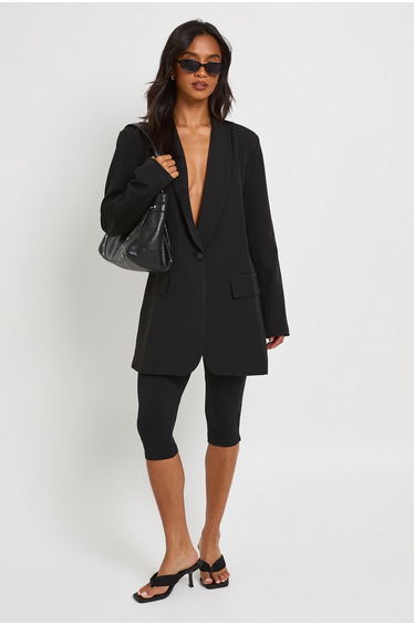 Petite Shoulder Pad Plunge Oversized Blazer - black