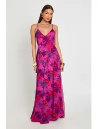Strappy Cami Floor Sweeping Floral Maxi Dress - hot pink