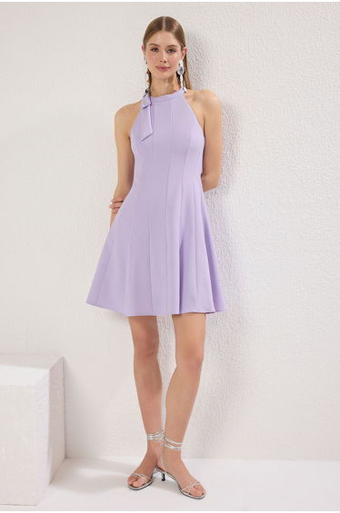 Lilac Plain Skirt Waist-opening tie detail Mini Woven Dress