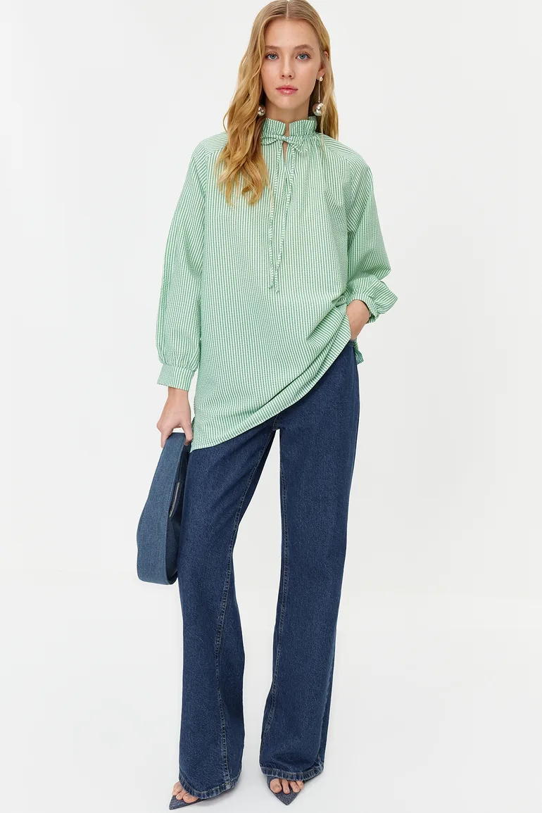 Mint Striped Comfort Fit See-through Woven Tunic